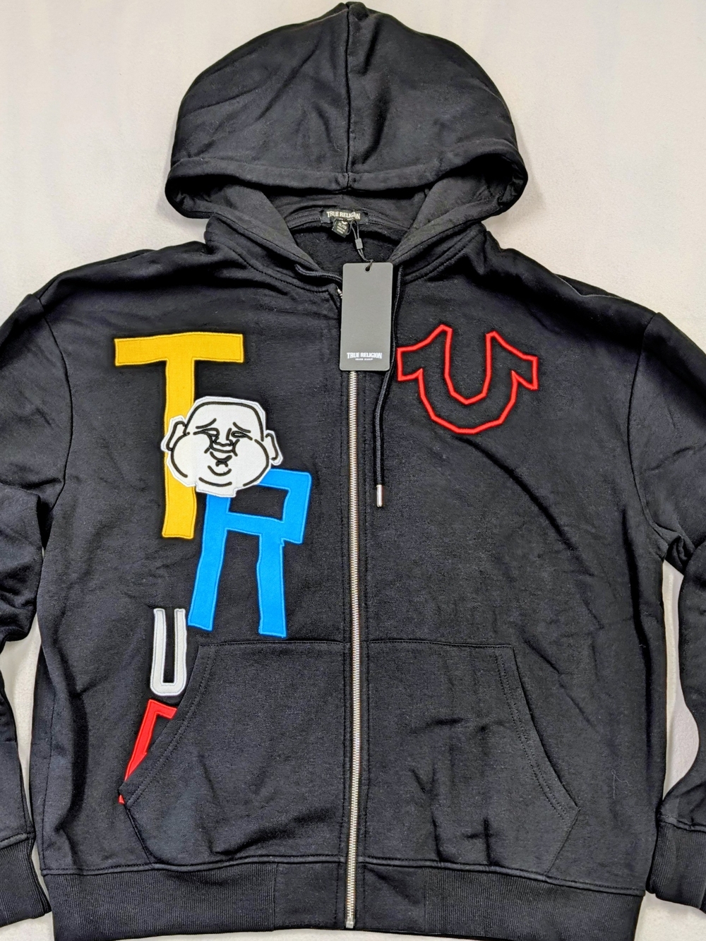True Religion Black Logo Graphic Full Zip Fleece Hoodie NWT Men's XL Pockets